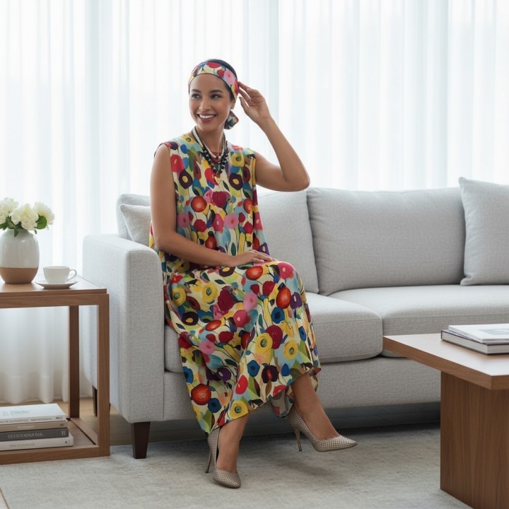 Pleated Dress with V-Neck and Multicolored Floral Silk Crepe Fabric